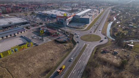 Aerial-drone-hiperlapse-of-the-Odra-Gardens-shopping-center-during-rush-hours