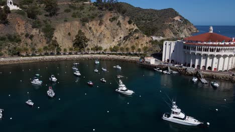 Close-up-of-Avalon-Catalina-Island-Casino-Aerial-4K-Drone-Footage