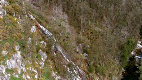 Wasserfall-Auf-Der-Felsigen-Klippe,-Umgeben-Von-Nadel--Und-Eukalyptuswäldern-Im-Fluss-Sor
