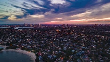 Wide-Aerial-Day-to-Night-Hyperlapse,-Sydney,-North-East-View