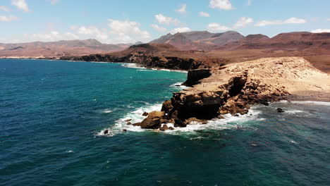 Aerial-dron-shot-of-the-coast-La-Pared-in-Fuerteventura-on-a-sunny-day