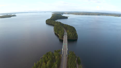 Narrow-islands-connected-by-a-bridge-and-road-going-through-them-in-Finland