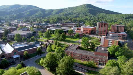 aerial-low-push-appalachian-state-university-campus-in-boone-nc,-north-carolina