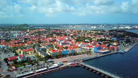 Aerial-view-dolly-in-of-Otrobanda-district-in-Willemstad,-Curacao,-Dutch-Caribbean-island