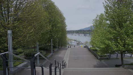 People-walking-down-stairs-leading-to-Vancouver-bay-in-Coal-Harbour-parked-area-surrounded-by-trees,-British-Columbia,-Canada