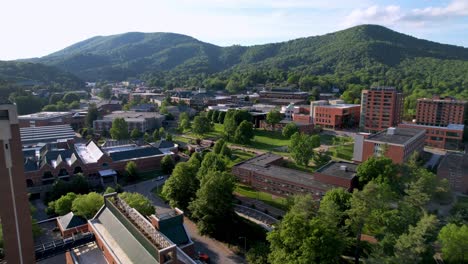 aerial-low-push-over-appalachian-state-university-campus-in-boone-nc,-north-carolina
