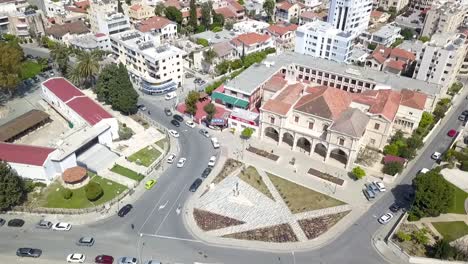 High-Orbit-Shot-Of-Lovely-St-Joseph-Church-,-Located-Middle-Of-Larnaca-City-Downtown,-Cyprus