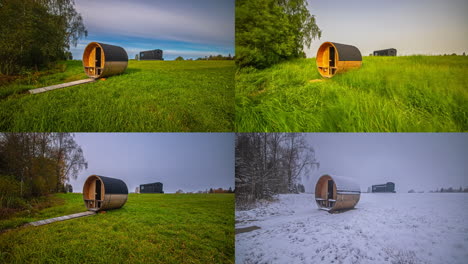 Video-comparison-of-a-barrel-sauna-through-four-different-seasons-in-one-screen-in-timelapse