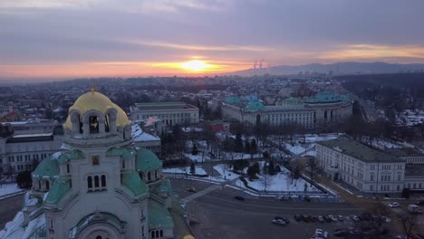 Sunrise-in-Sofia,-Bulgaria,-Alexander-Nevsky,-view-from-Drone