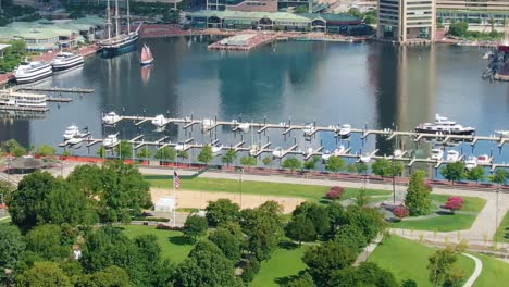Baltimore-inner-harbour-with-few-moored-boats-and-an-empty-park-in-the-foreground-during-covid19-outbreak