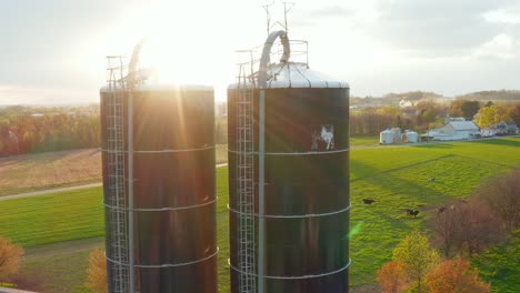 Blue-Harvestore-silos-with-cow-artwork,-and-cattle-grazing-in-field