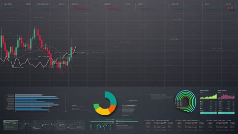Business-stock-market,-trading,-info-graphic-with-animated-graphs,-charts-and-data-numbers-insight-analysis-to-be-shown-on-monitor-display-screen-for-business-meeting-mock-up-theme