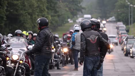 Slow-motion-shot-of-parked-motorcyclist-club-meeting-with-motorbikes,-Slovakia
