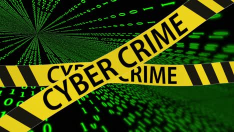 Winkendes-Gelbes-Warnband-Mit-Cyberkriminalitätstext-Vor-Einer-Binärcodewand-Mit-Programmiercodematrix