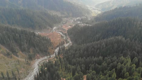 Aerial-View-Of-Forest-Trees-In-Valley-With-Swat-River-Running-Through