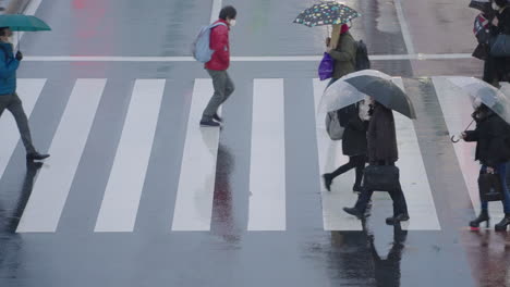 Personas-Con-Máscara-Sosteniendo-Un-Cruce-De-Peatones-Con-Paraguas-En-Una-Carretera-Mojada-Durante-El-Invierno-En-Tokio,-Japón