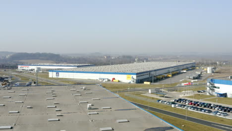 Aerial-Shot-Of-Exterior-Of-A-Shipping-And-Courier-Transportation-Distribution-Building-In-Czech-Republic