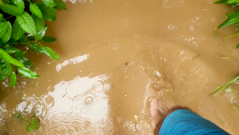 A-person-walking-barefoot-through-brown-muddy-flood-water-after-devastating-tropical-cyclone-and-flash-flooding
