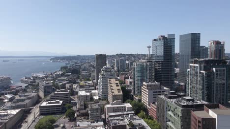 Aerial-Flight-of-Sunny-day-in-downtown-Seattle