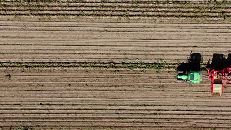 A-potatoe-harvesting-tractor-comes-into-the-frame,-top-shot-from-above-by-drone-with-speed-up-and-slow-motion-effects