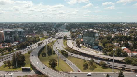 Aerial-view-flying-over-Panamericana-continental-highway-interchange-in-Buenos-Aires
