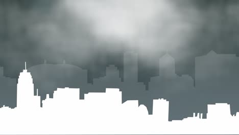 Business-Stadtbild,-Illustration,-Animation,-Silhouette,-Skyline,-Neblig,-Städtisches-Konzept,-Cartoon