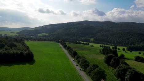 Aerial-view-country-road-in-forest