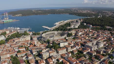 Aerial-View-Of-Pula-Arena-And-Residential-Houses-In-Pula-City,-Istria-County,-Croatia