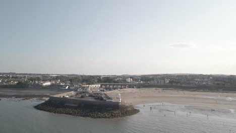 Aerial-View-Of-Beach-And-Small-Port-In-Balbriggan,-Republic-of-Ireland---drone-shot