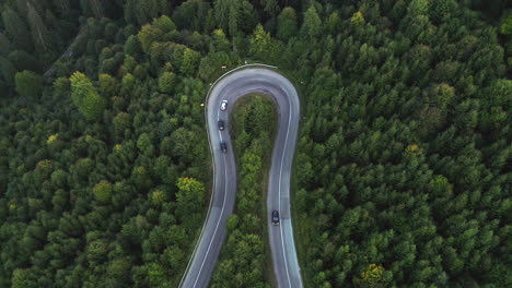 Cars-Driving-At-Hairpin-Turn-In-Mountain-Pass-With-Lush-Forest-In-Romania---Hairpin-Corner
