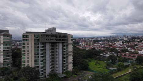Aerial-shot-orbiting-skyscrapers-and-buildings-in-San-Jose-city,-Costa-Rica