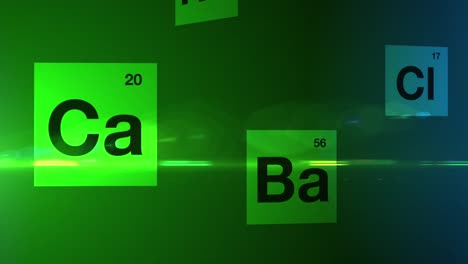 Green-chemical-elements-from-the-periodic-table-floating-by-on-a-black-background