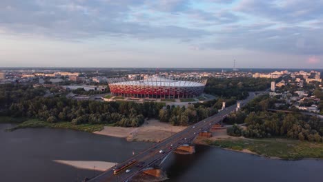 Drone-video-of-a-the-National-Stadium-in-Warsaw,-Poland