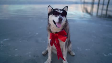 Fröhlicher-Husky-Hund-Mit-Sonnenbrille-Und-Roter-Schleife-Am-Strand