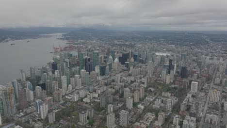 Aerial-Shot-of-Vancouver-Downtown-on-a-cloudy-day-in-4K