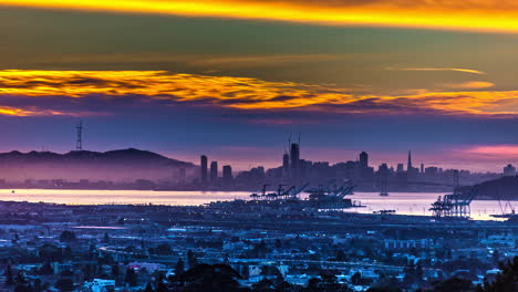 cloudscape-timelapse-over-San-Francisco-cityscape-and-port-area,-at-twilight