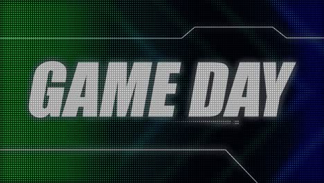 2D-animated-motion-graphics-design-of-a-flashing-lightboard-style-sports-title-card,-in-classic-blue-and-green-color-scheme,-with-animated-chevrons-and-the-bold-Game-Day-caption