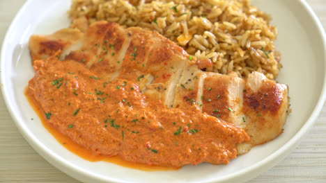 grilled-chicken-steak-with-red-curry-sauce-and-rice---muslim-food-style