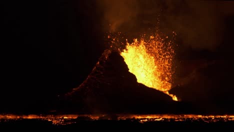 Fountain-of-magma-erupting-from-volcano-crater,-Iceland