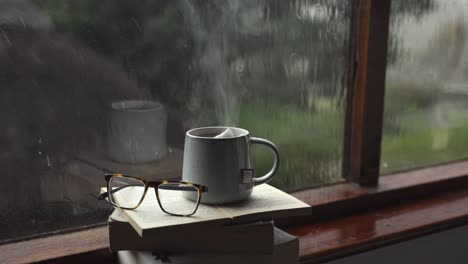 Cup-of-tea-with-glasses-on-open-book-side-of-a-window-during-a-rainy-moody-day,-loneliness-comfort-pensive-concept