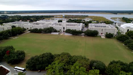 aerial-high-pullout-from-the-citadel-military-college-in-charleston-sc,-south-carolina
