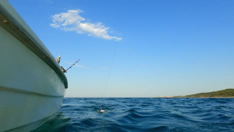 Unusual-and-unique-low-angle-outboard-pov-of-fisherman-catching-fish-from-boat