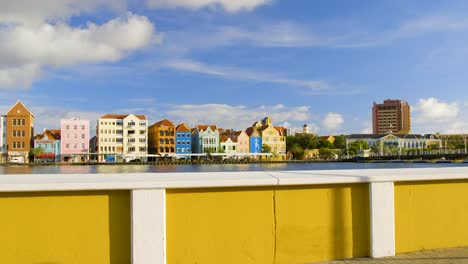 Vibrant-and-picturesque-world-heritage-buildings-on-the-waterfront-of-Punda-in-Saint-Anna-Bay,-Willemstad,-on-the-Caribbean-island-of-Curacao
