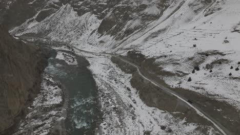 Aerial-View-Of-Karakoram-Highway-Near-Khunjerab-Pass,-Hunza-Valley,-Pakistan---drone-shot