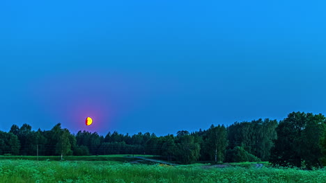 Static-view-of-setting-moon-over-the-green-grasslands-with-forest-in-the-background