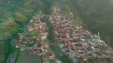 aerial-drone-of-the-village-of-Butuh,-nicknamed-Nepal-van-Java,-is-located-on-the-slopes-of-Mount-Sumbing,-Central-Java,-Indonesia