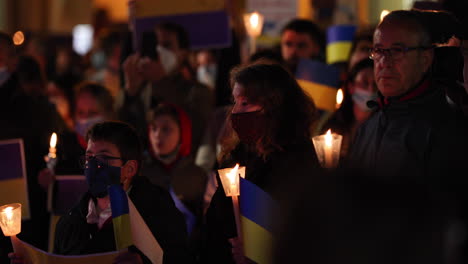 Candlelight-Vigil-Held-In-Rodrigues-Lobo-Square-During-Russo-Ukrainian-War-At-Night-In-Leiria,-Portugal