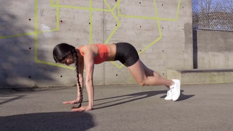 Woman-doing-high-plank-with-knee-to-elbow-raise-exercise-routine