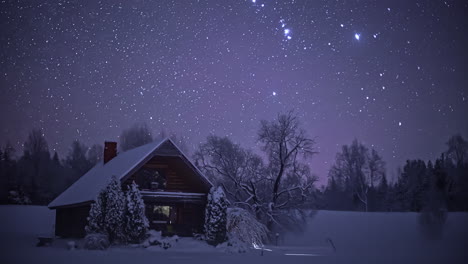 Time-lapse-shot-of-flying-stars-at-night-sky-over-rural-winter-landscape-with-wooden-house---5K-Timelapse