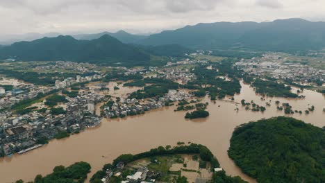 Flooded-City-in-China,-Global-Warming-Disaster-from-Drone-View